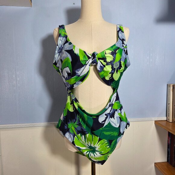Aerie Extra Large Vibrant Green Blue Floral One Piece Full Coverage Bathing Suit - Picture 1 of 10
